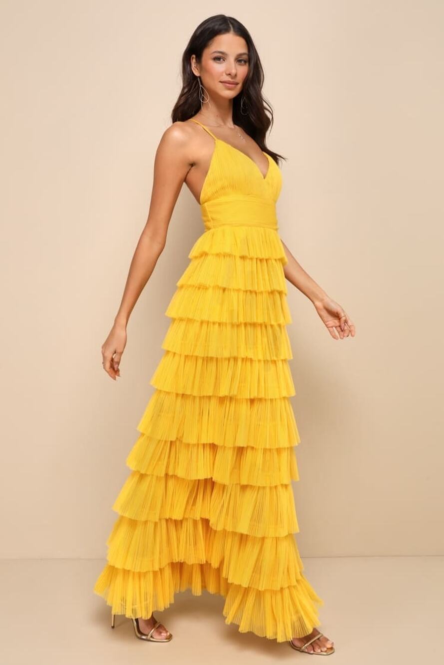 NWT Radiant Event Yellow Mesh Tiered Ruffled Backless Maxi Dress Sz S